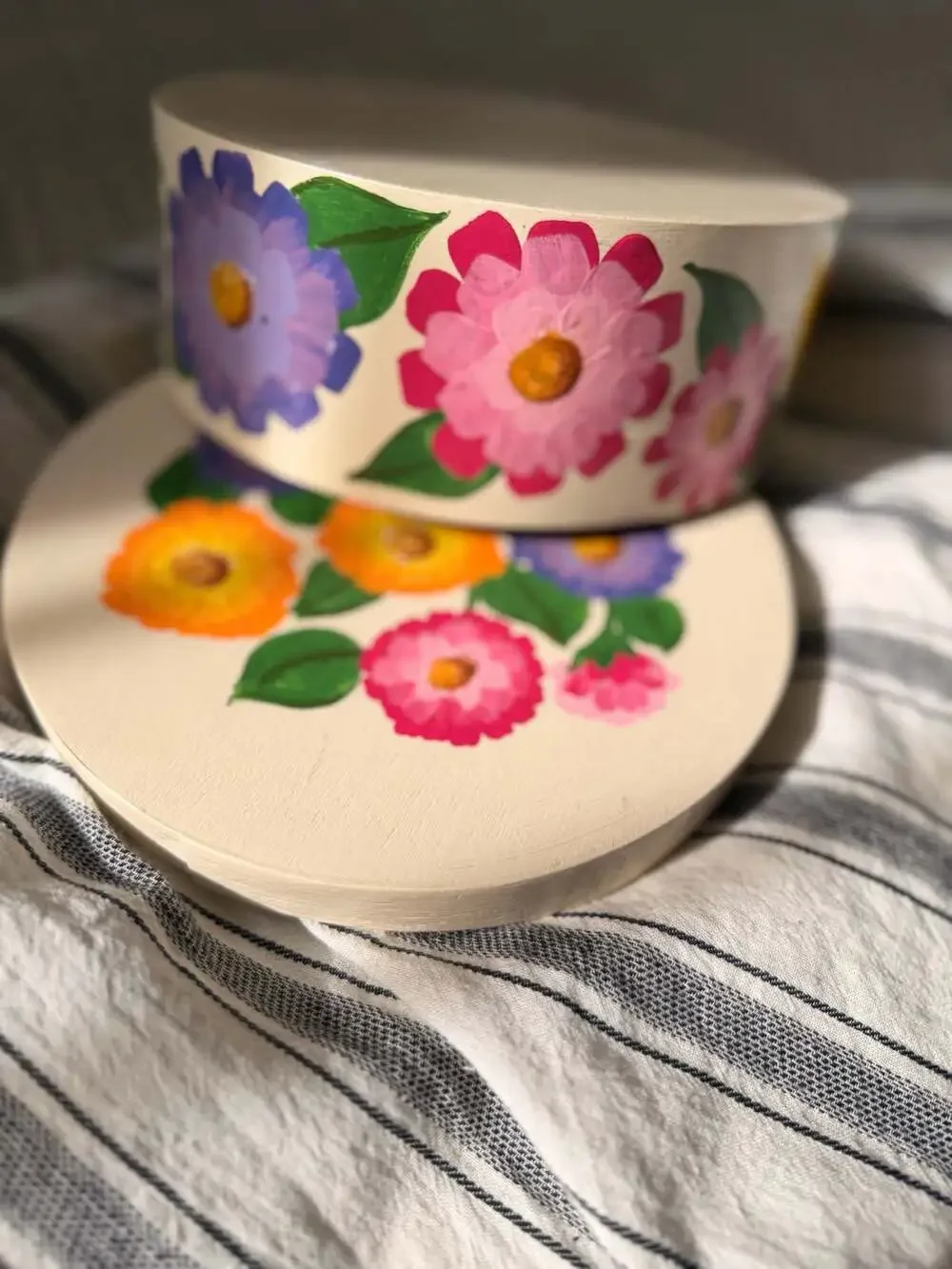 Hand-Painted Round Wooden Storage Box with Floral Motif